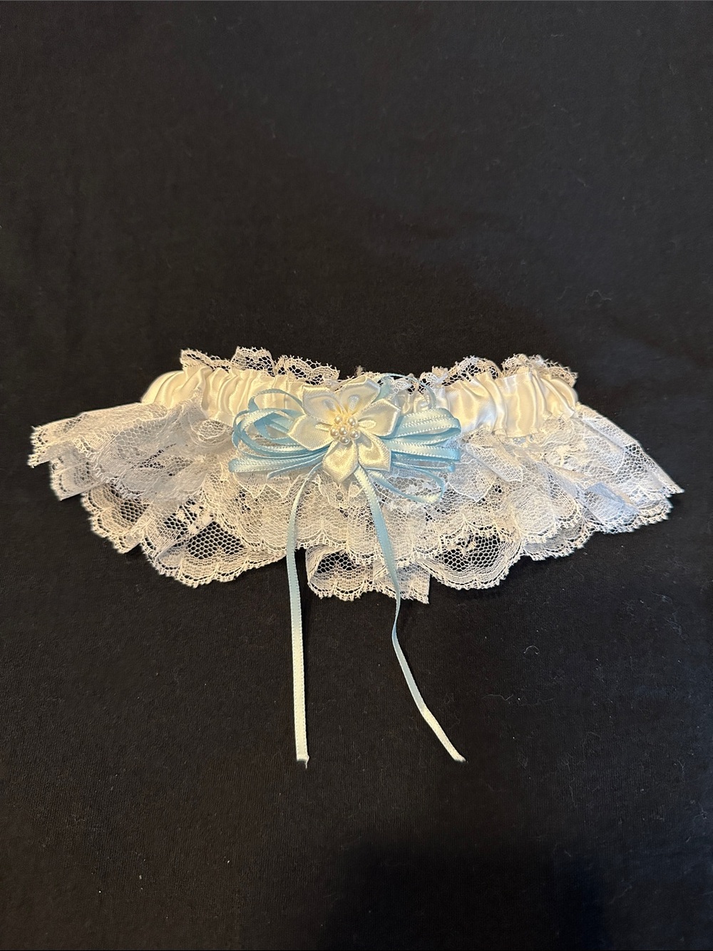 White Lace Bridal Garter with Baby Blue Ribbon
